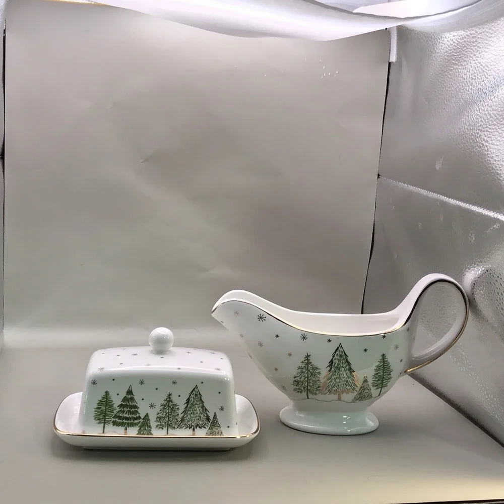 Grace Teaware Porcelain Butter Dish And Gravy Boat Trees And Snow And Gold Trim - Picture 4 of 16